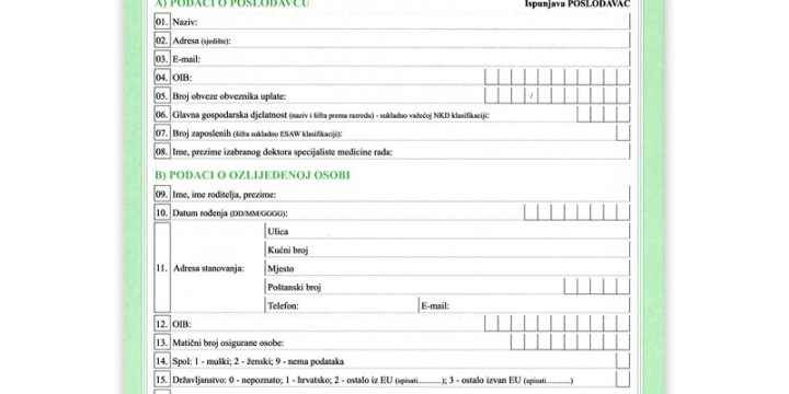 IZMIJENJENE TISKANICE ZA OZLJEDU NA RADU I PROFESIONALNE BOLESTI